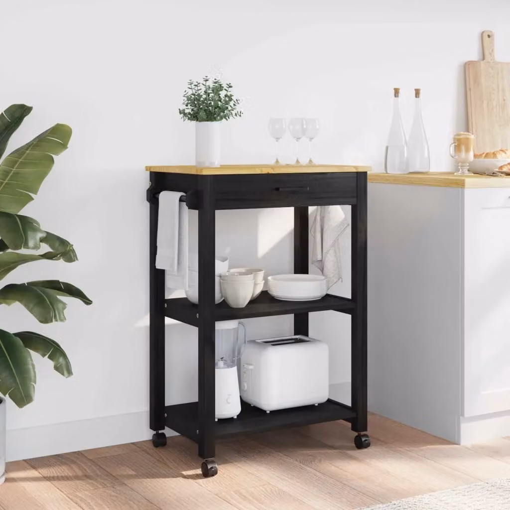 Carrello da cucina moderno MONZA nero con ripiani in legno di pino, L: 60 cm, P: 40 cm, H: 88,5 cm – 2