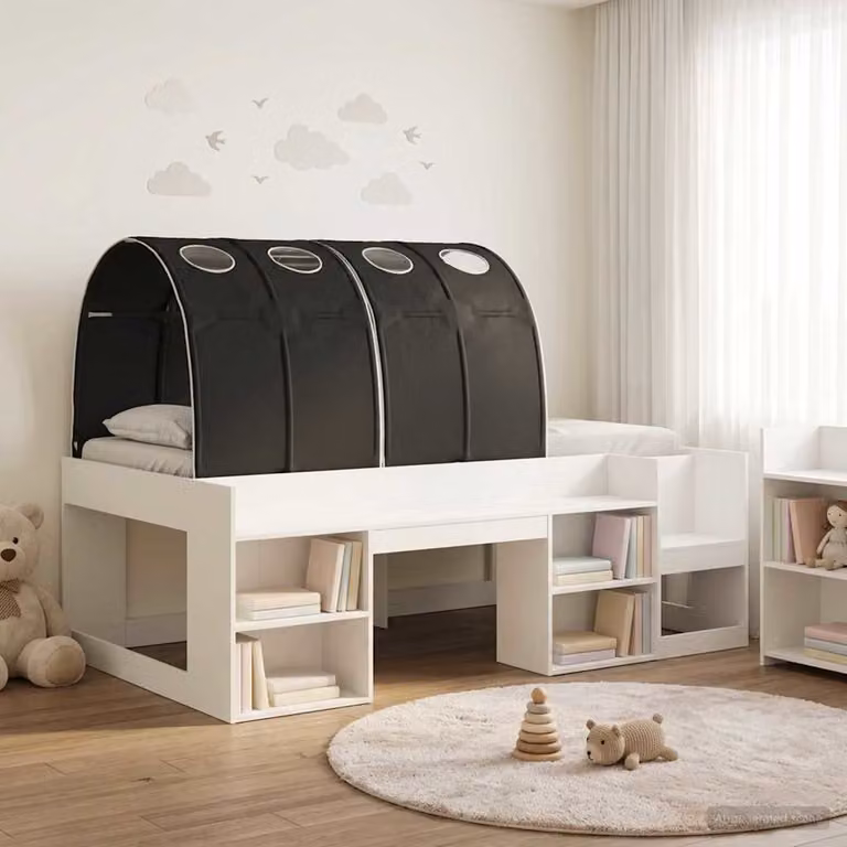 Letto per bambini con struttura a casetta e tunnel vidaXL in legno ingegnerizzato, Bianco e Nero, L/P/H: 190 x 90 x 118,5 cm