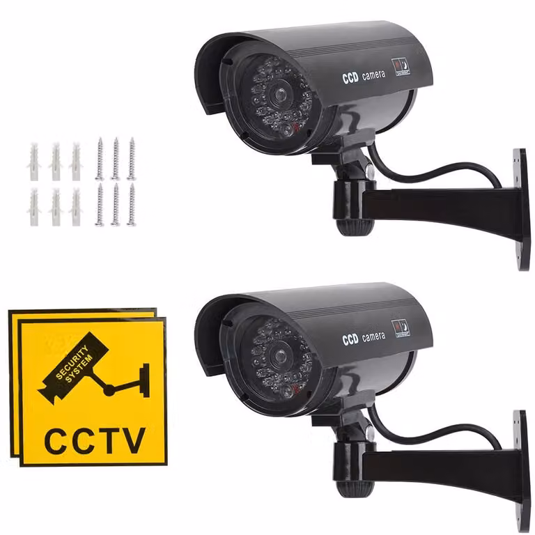Telecamera di sicurezza finta, 2 pezzi, nera, telecamera finta con LED lampeggianti, telecamera falsa, telecamera di sicurezza, per la sicurezza domestica