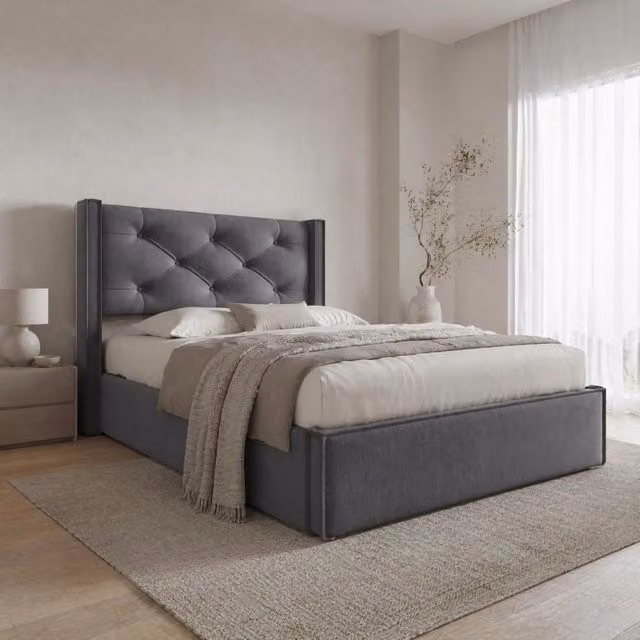 Letto singolo imbottito 90x200 cm con struttura in metallo e contenitore, rivestimento in cotone grigio, con rete a doghe