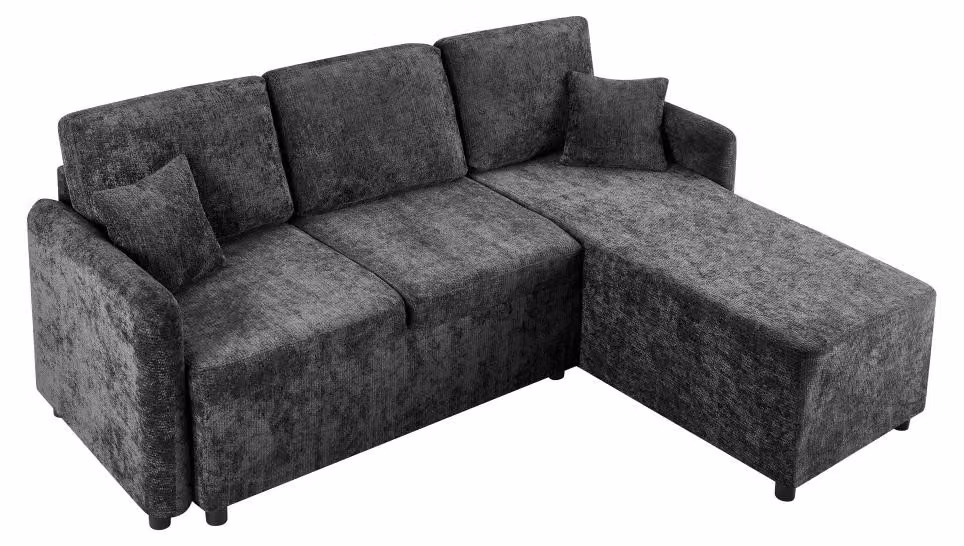Divano angolare a forma di L - 3 posti - Chaise longue di 144 cm - Rivestimento in chenille - Imbottitura in schiuma ad alta densità - Capacità di carico: 150 kg - 2 cuscini - Colore: nero