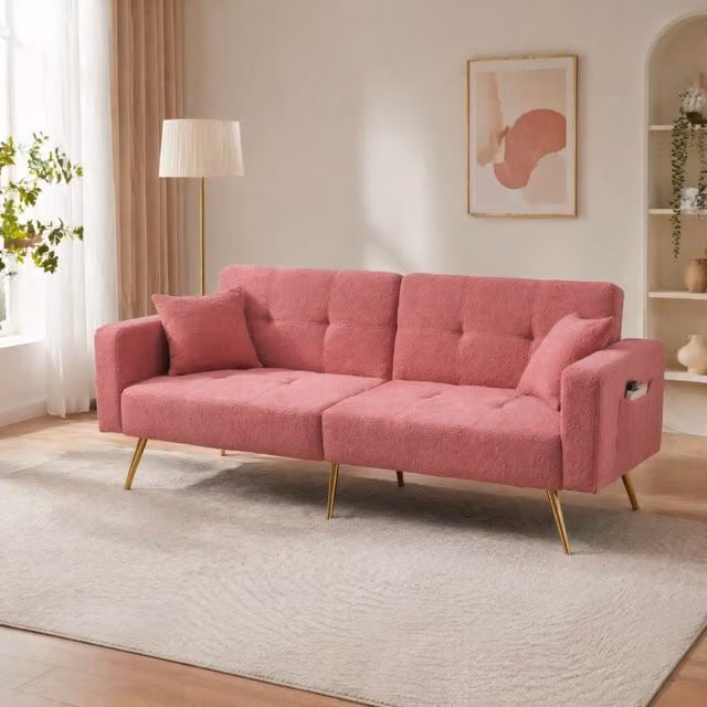 Divano letto in tessuto sherpa rosa con schienale regolabile e tasche laterali