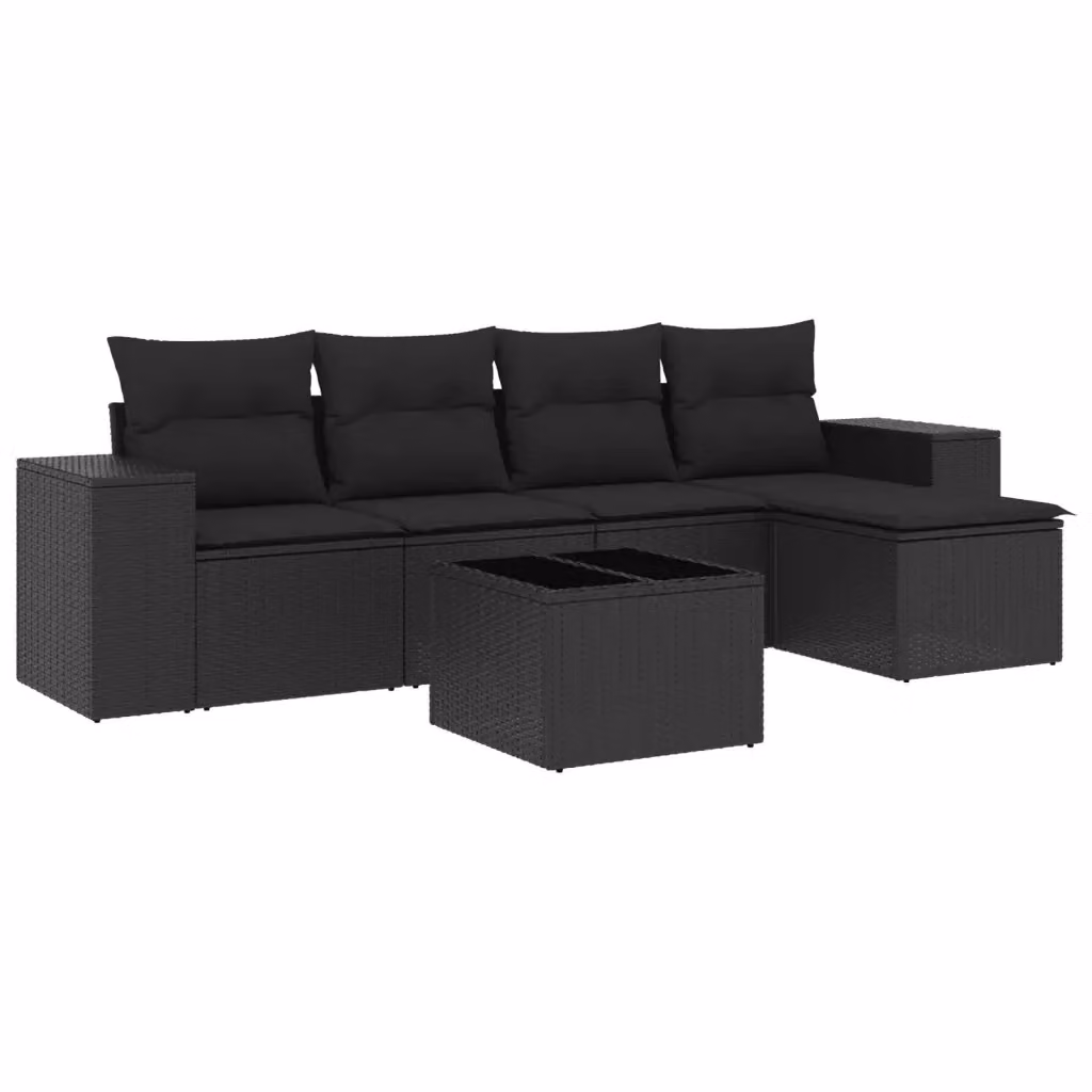 vidaXL Set Divano da Giardino a L 6 pz in Polyrattan Nero con Cuscini e Tavolino da Caffè – 2