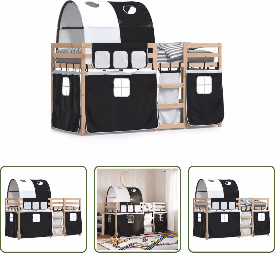 The Living Store Letto a castello con tende bianco nero 90x200 cm in legno di pino