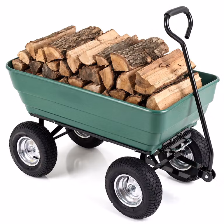 Carrello da giardino COSTWAY con funzione di ribaltamento fino a 410 kg, capacità di carico 125 l, carrello a mano con manico regolabile e ruote pneumatiche ammortizzate, carrello da trasporto