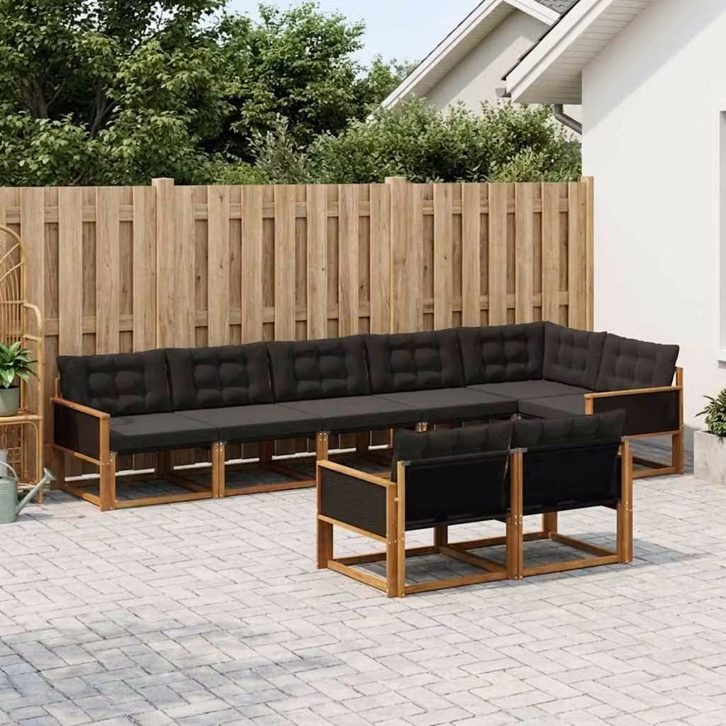 Set di divani da esterno moderno vidaXL in legno di acacia e textilene, 8 pezzi, Naturale e Nero