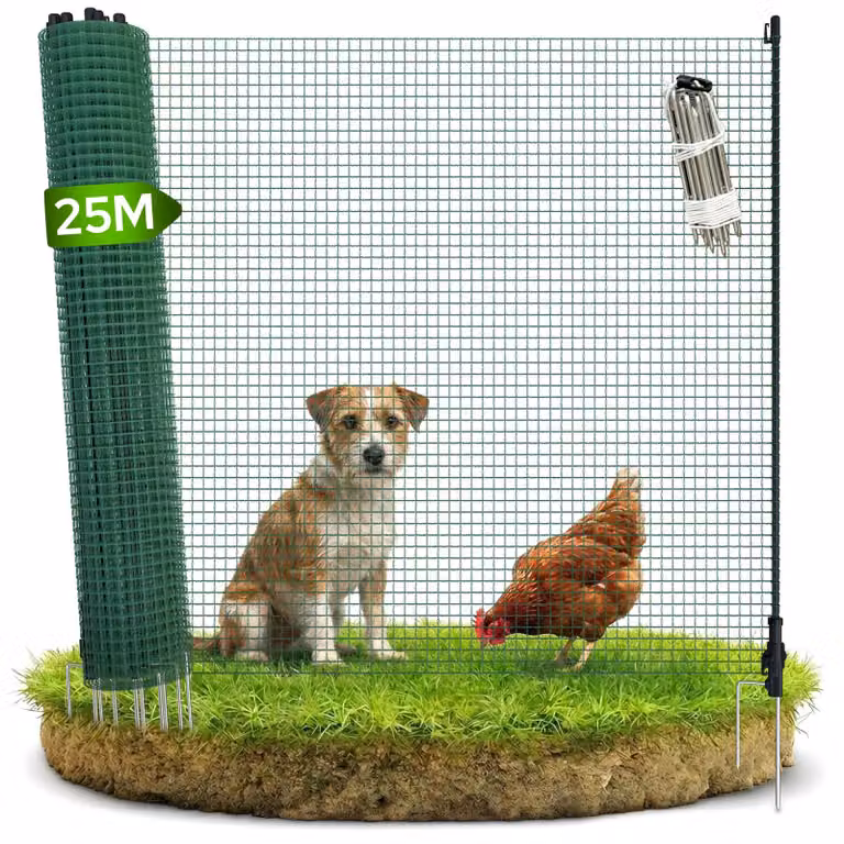 Arebos Recinzione mobile 25 m Recinzione da giardino flessibile 90 cm Rete di delimitazione con 15 pali per cani, polli e piccoli animali Resistente alle intemperie
