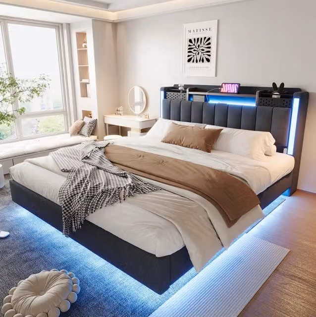 Letto imbottito 160x200 cm; testiera con USB e LED; contenitore; tessuto grigio (Senza materasso)