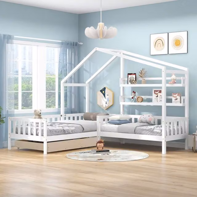 Letto per bambini Home Enjoy DE con struttura a L, cassetti e scaffali, Bianco, L/P/H: 200 x 90 x 183 cm + 140 x 70 cm – 1
