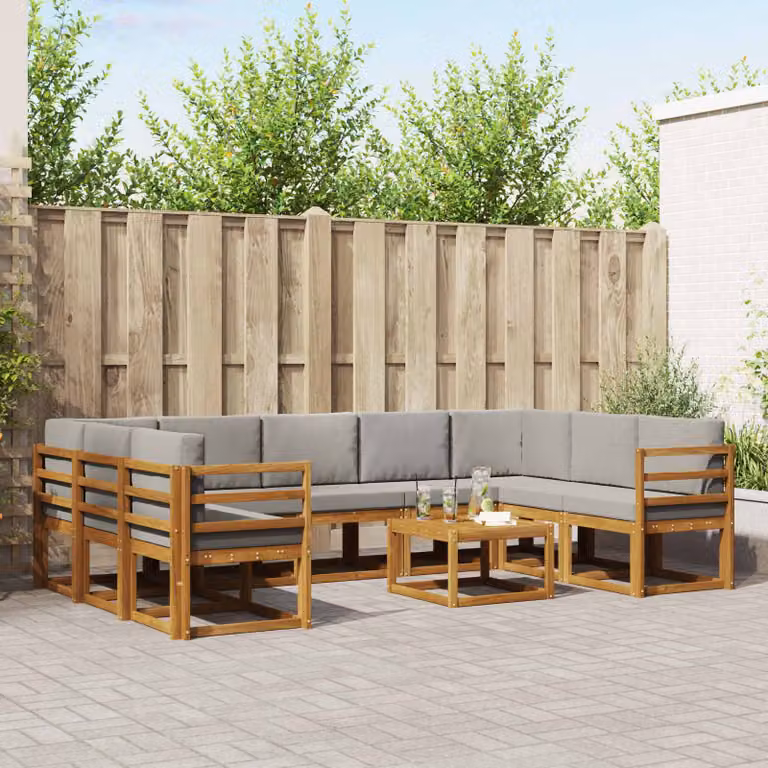 Set di divani da esterno vidaXL a forma di L in legno di acacia con cuscini, Grigio e Marrone