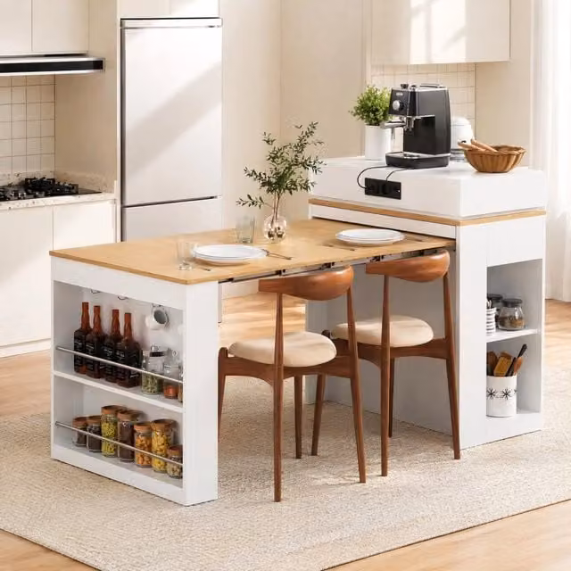 Isola cucina estensibile con prese e piano pieghevole bianca