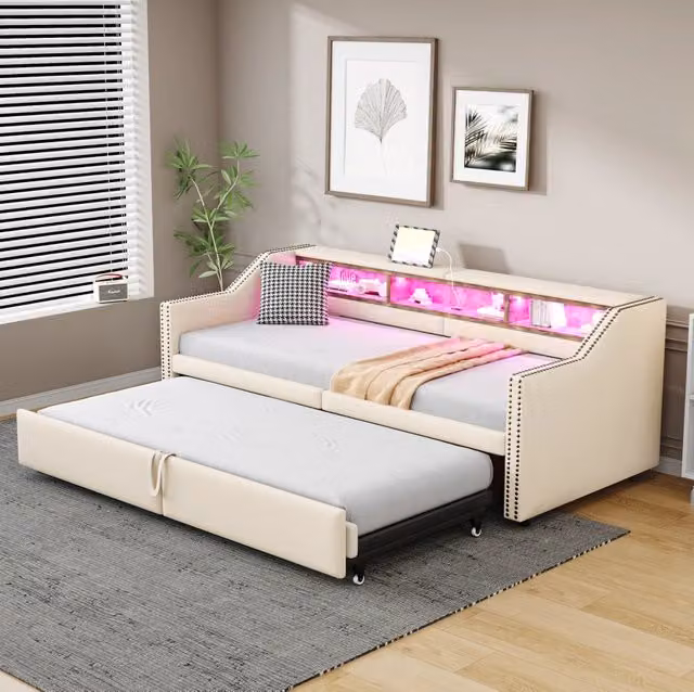 Divano Letto Imbottito Estraibile 90/180 x 200 cm con Contenitore, LED e Porta USB, Beige