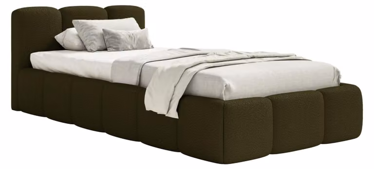 Selsey Cloudy Low – Letto imbottito 90x200 cm, contenitore e rete a doghe, bouclé verde oliva