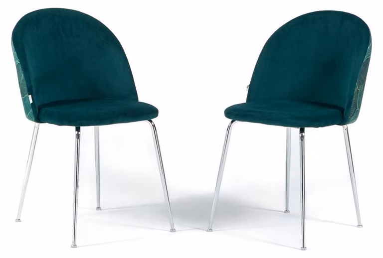 Set di 2 sedie da pranzo imbottite in velluto decorato, gambe in metallo, design elegante per cucina, sala da pranzo, bar e ristoranti SARA - Petrolio/Argento