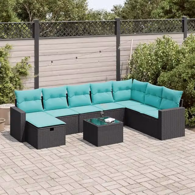 Set Divani da Giardino 9 pz con Cuscini Nero in Polyrattan 3325443