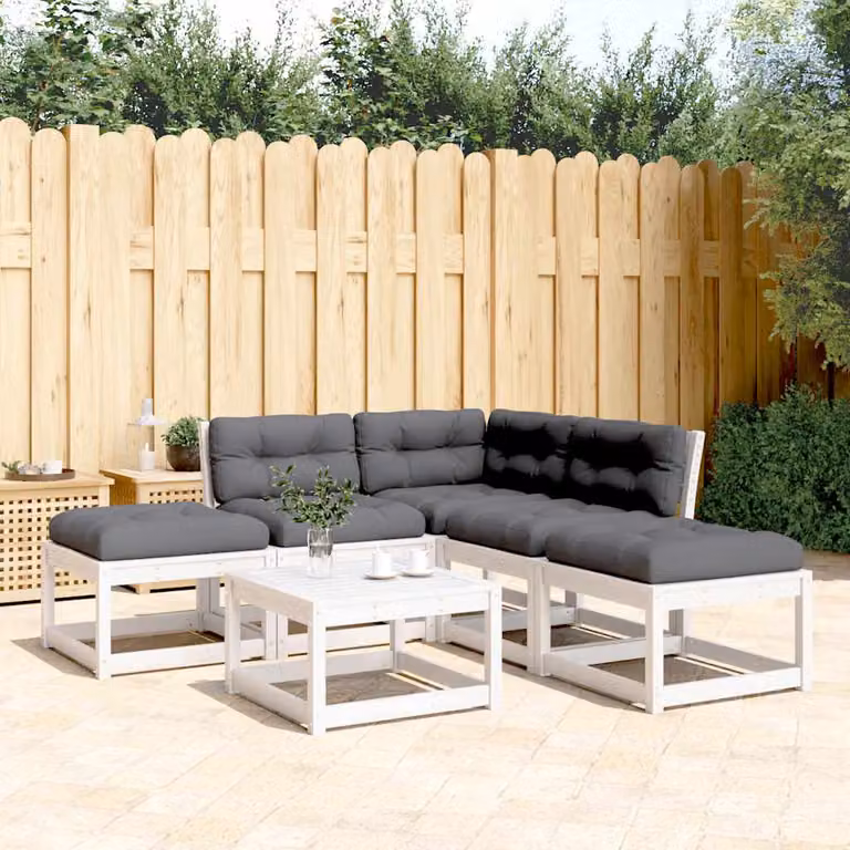 vidaXL Set di Divani da Giardino a L in Legno Massello di Pino con Cuscini Bianchi e Antracite