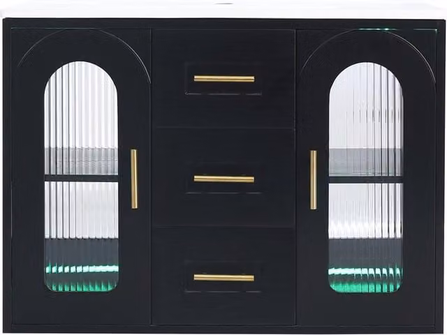 Mobile Bagno con Lavabo in Ceramica Sospeso 76 cm Nero Effetto Legno e Ante in Vetro Scanalato