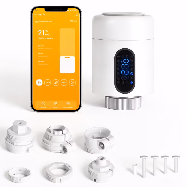 Termostato intelligente per radiatori, connessione Wi-Fi, controllo tramite app, compatibile con Smart Life/Tuya, 7 adattatori per valvole inclusi, colore bianco, confezione singola