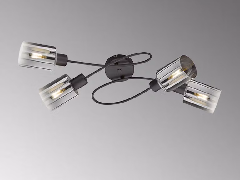 Bellissima plafoniera LED 4flame lunga 79 cm di colore nero con paralumi in vetro fumé