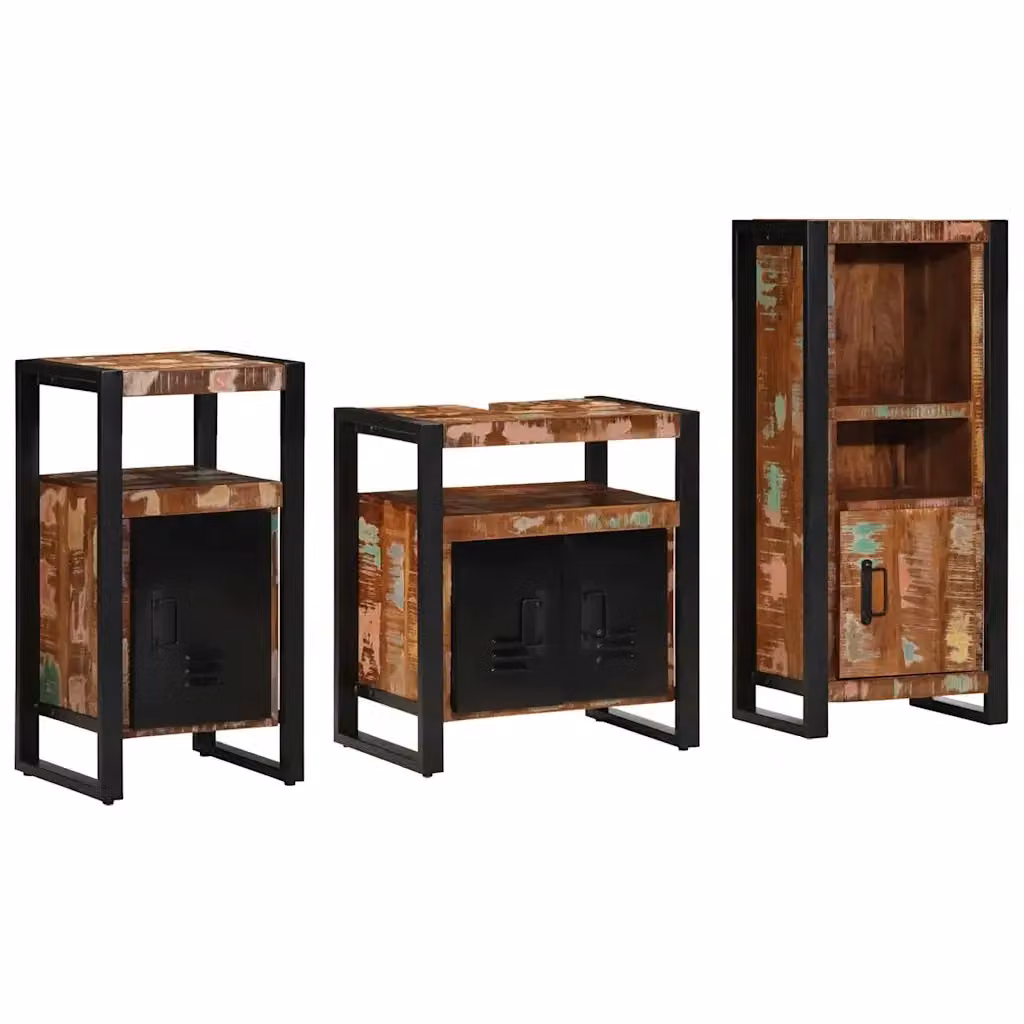 Set di mobili da bagno vidaXL in legno e metallo composto da 3 pezzi, multicolore e nero, con design minimalista e montaggio a parete – 2