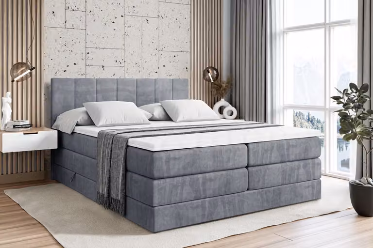 Letto boxspring ALTDECOR con 2 materassi e topper - 200x200 cm - MOETI KING - Velluto grigio - Letto imbottito con materassi H3 e H4, contenitore e rete a doghe, letto con spazio contenitivo