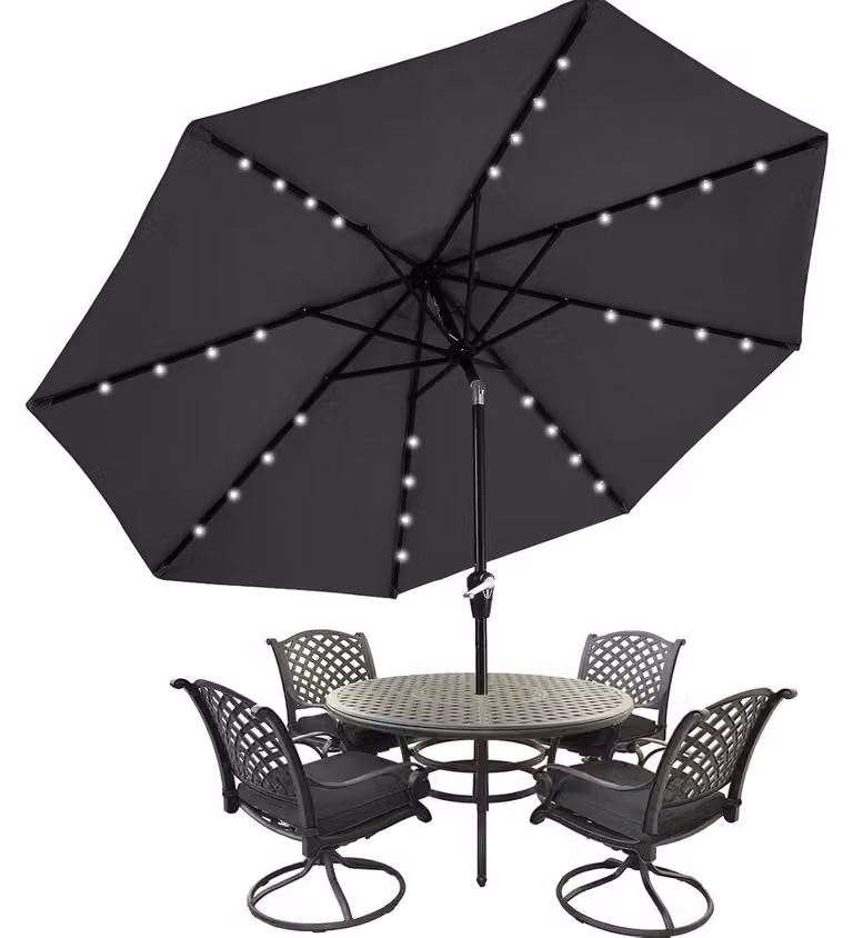 Ombrellone 270 cm con LED solare, ombrellone da giardino grigio scuro, 8 nervature