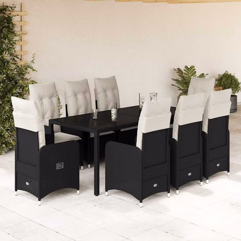 Set Bistrò da Giardino vidaXL 9 pz in Polyrattan Nero con Cuscini e Piano in Vetro