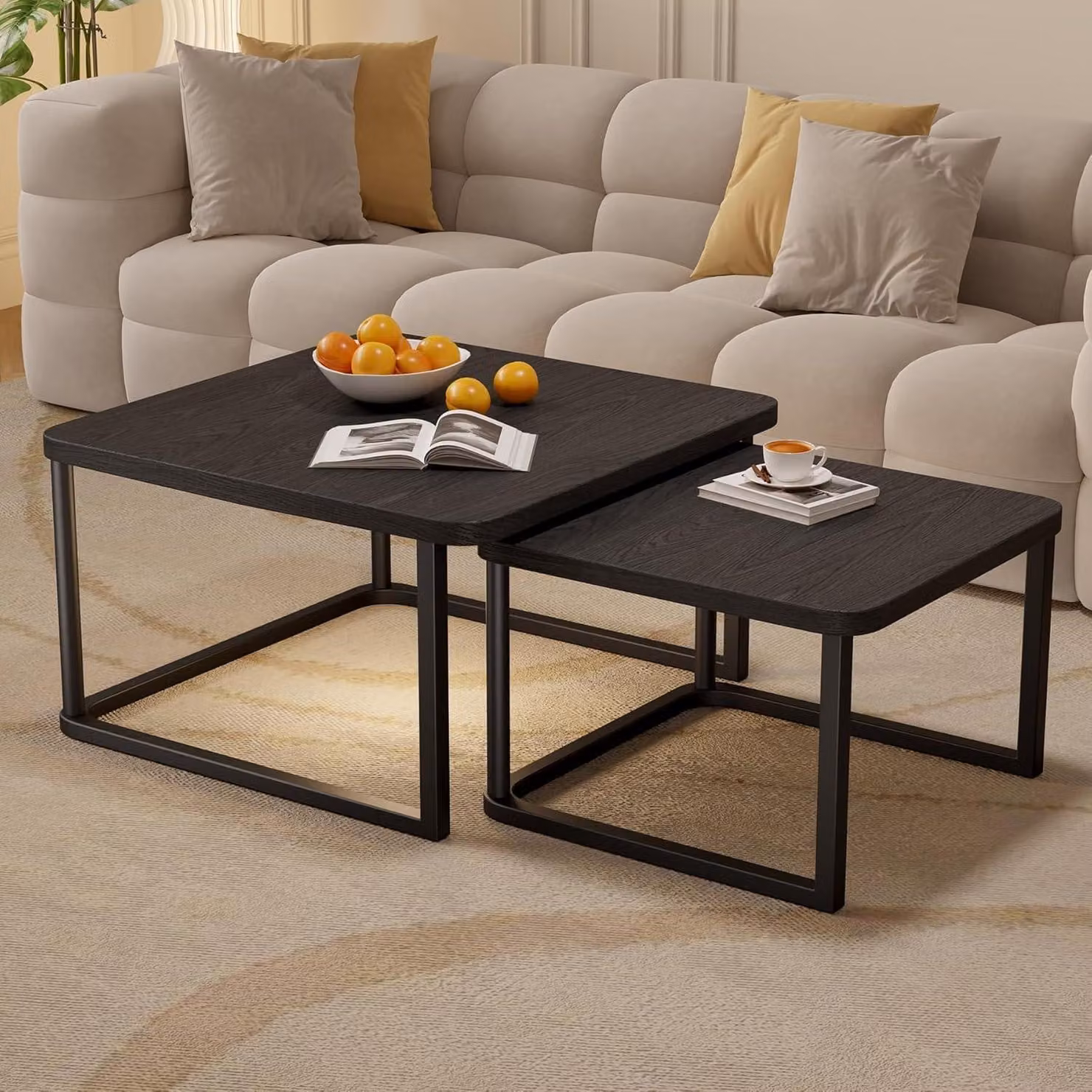 Tavolino da caffè, set di 2 pezzi, forma rotonda, struttura in metallo nero, piano in legno, dimensioni 60x60 cm e 45x45 cm