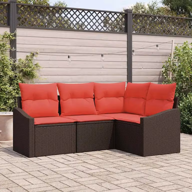 Set di divani da giardino vidaXL a forma di L con tavolo da caffè, colore marrone e rosso, in rattan e metallo con cuscini inclusi