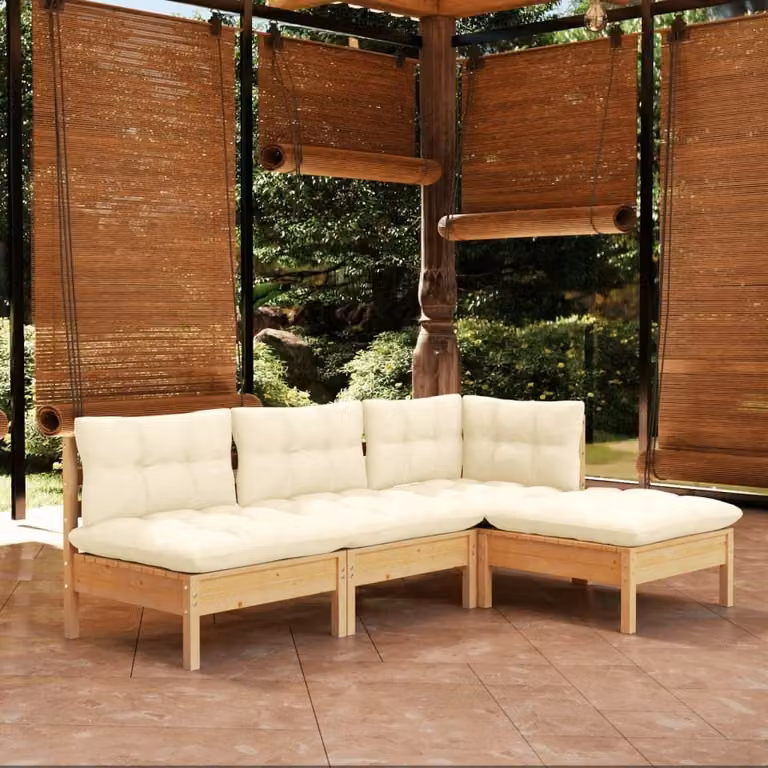 The Living Store Set da giardino 4 pezzi con cuscini crema legno di pino