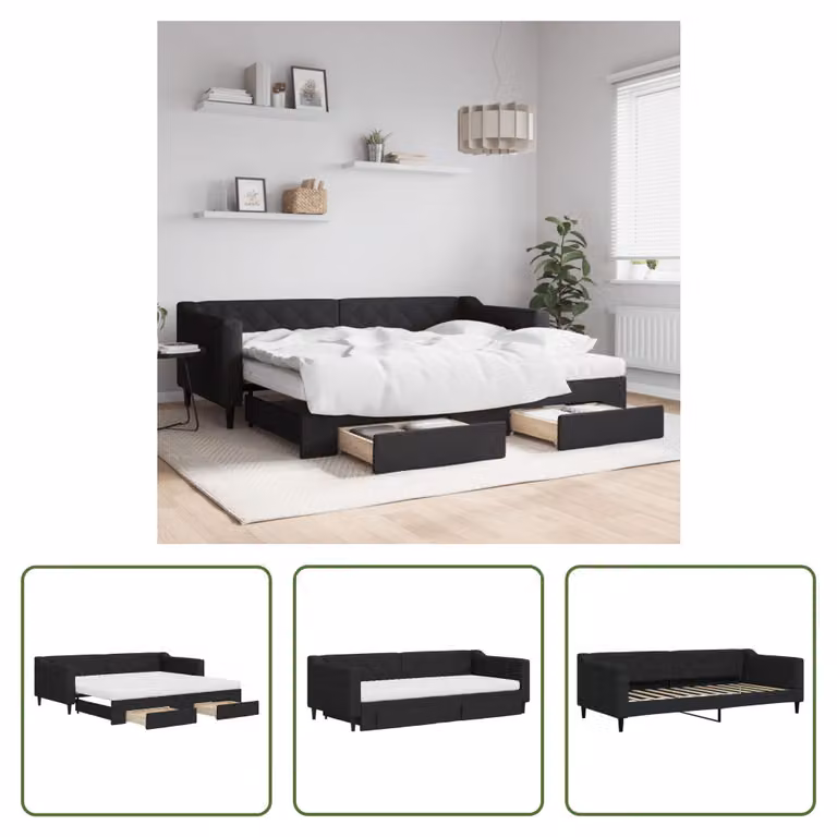 The Living Store Letto allungabile con cassetti nero 90x200 cm tessuto