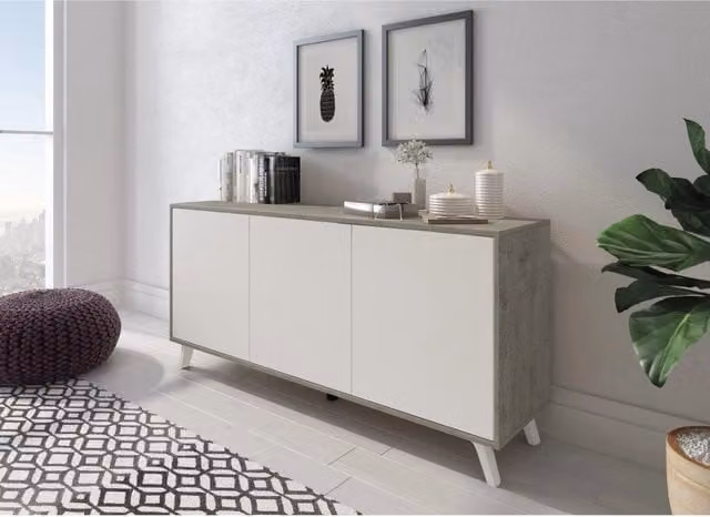 Madia moderna con 3 ante senza maniglie in stile minimal con piedini rialzati per soggiorno o ingresso, Bianco e Grigio Cemento, L: 154 cm, P: 40 cm, H: 72 cm