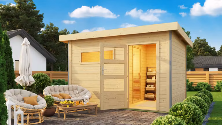 Sauna da giardino Casa della sauna Karibu Skrollan 2 riscaldatore naturale da 38 mm 9kWmoderno