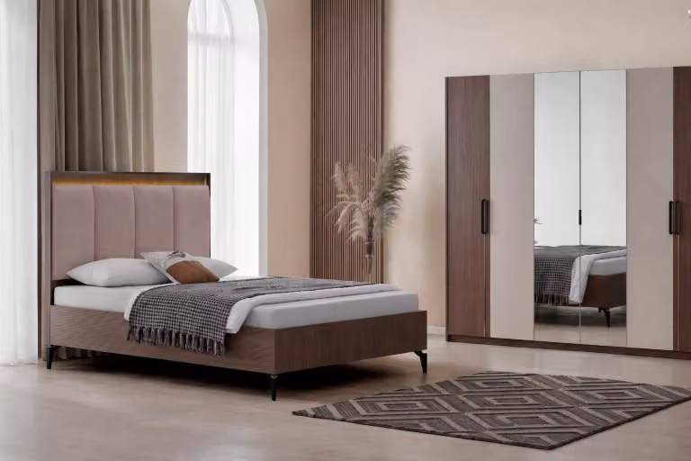 Set completo per camera da letto in marrone, composto da: letto imbottito e armadio in legno, 2 pezzi