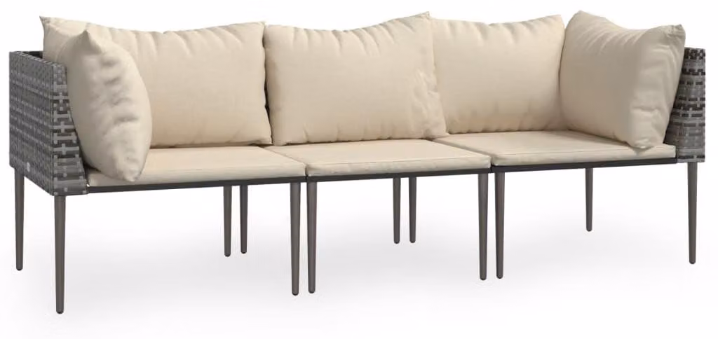 set 3 pezzi da giardino con cuscini in poly rattan grigio