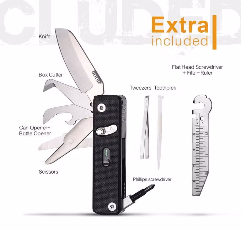 Multitool tascabile EDC - 7 in 1 - Mini - Acciaio inossidabile - Con clip da cintura e adattatore per punte fisso