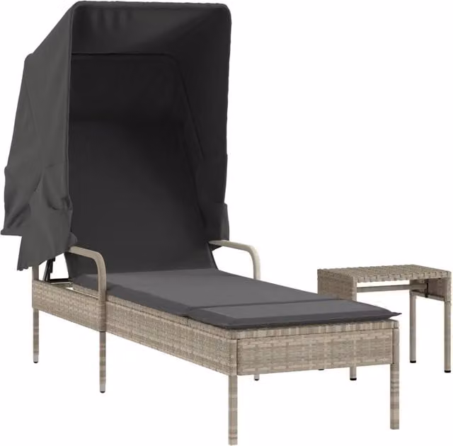 Sdraio da giardino | Lettino con Baldacchino e Tavolino Grigio Chiaro in Polyrattan