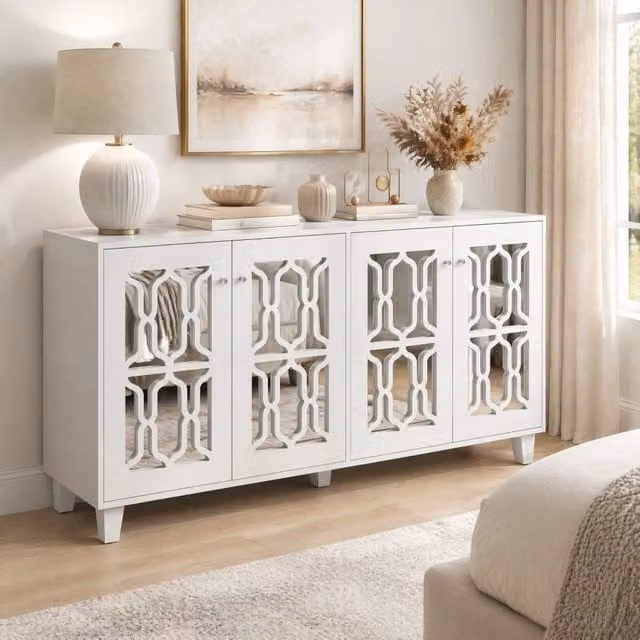 Credenza Mivray bianca con quattro ante, ripiano interno mobile e superficie a specchio, L 160 x P 40 x H 84 cm