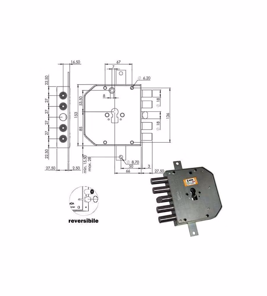 Serratura Sicura Triplice Sx Cilindro E63 Res654+33/270 Moia