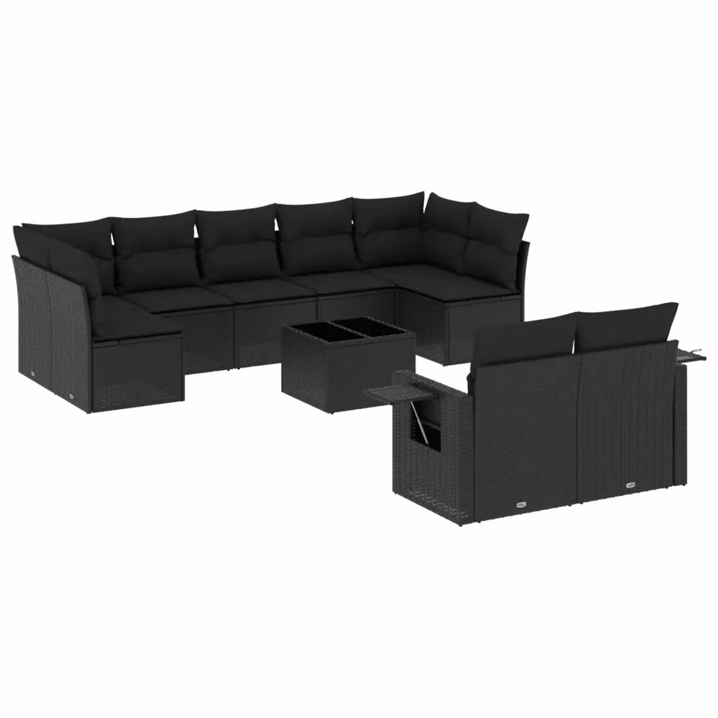 vidaXL Set Divani da Giardino a Forma di U in Polyrattan Nero con Cuscini e Tavolino da Caffè – 2