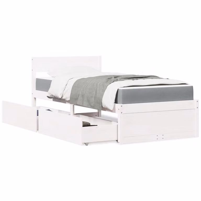 vidaXL Letto con Cassetti e Materasso in Legno Massello di Pino Bianco, L/P/H: 200 x 90 x 95,5 cm