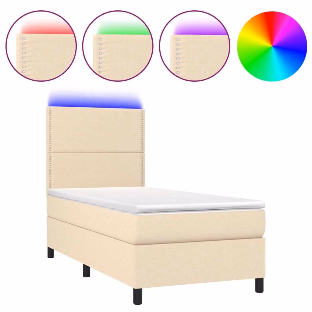Letto a Molle con Materasso e LED Crema 100x200cm in Tessuto