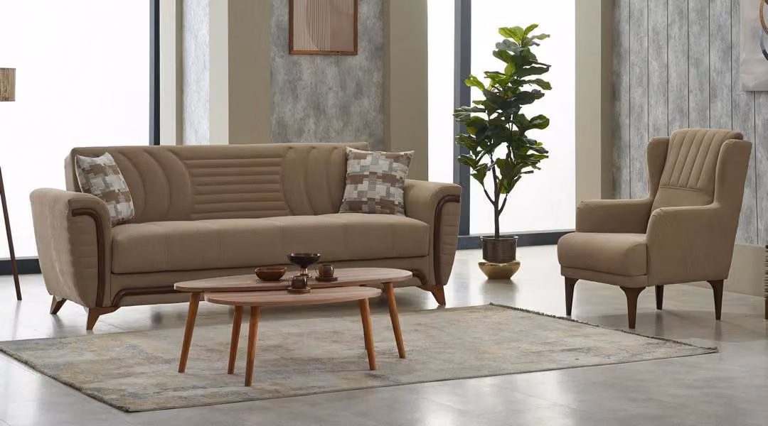 Komplette Dreisitzer Sessel 3 Sitzer Stoffsofa Polstersofa Beige Couch
