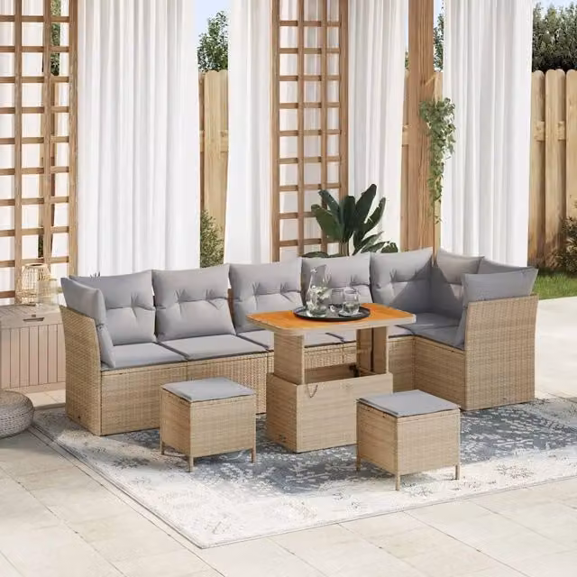 vidaXL Set Divano da Giardino Moderno a L con 9 Pezzi, Colore Beige e Grigio – 1