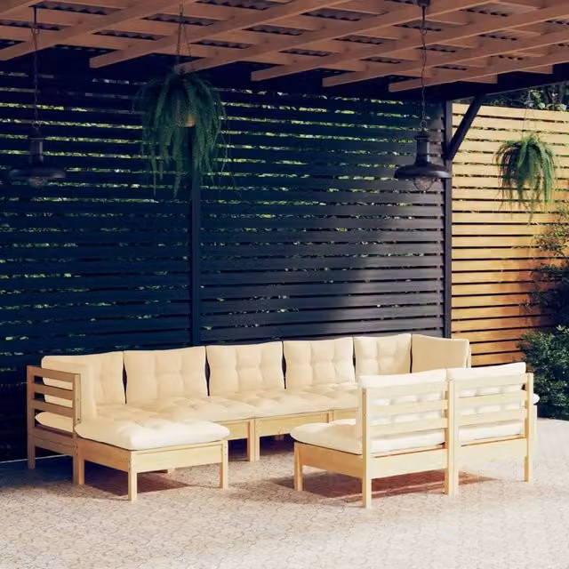 Set Salotto da Giardino 9 pz con Cuscini Crema in Legno di Pino 3097103