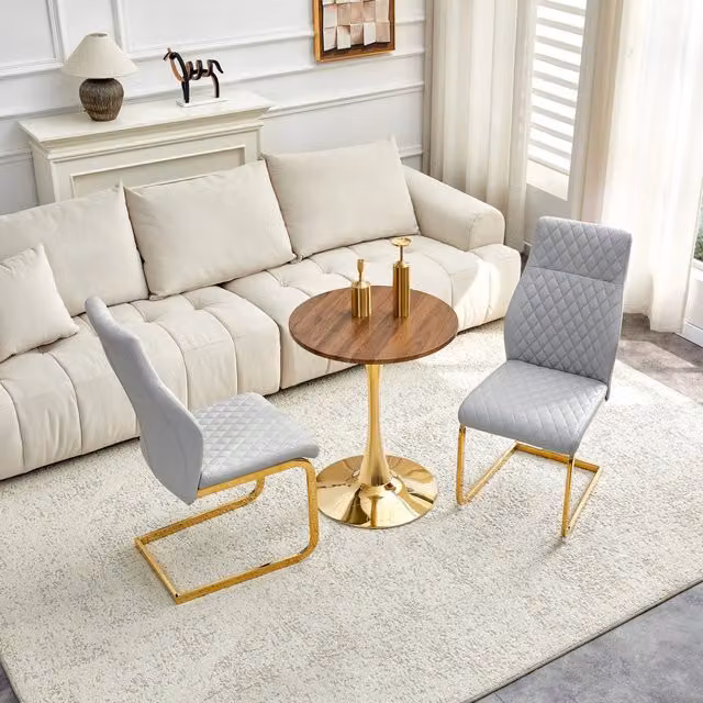 Set tavolo rotondo e 2 sedie MIVRAY in MDF e metallo oro con sedute in similpelle grigio chiaro e piano effetto noce L: 120 cm, P: 72 cm, H: 76 cm