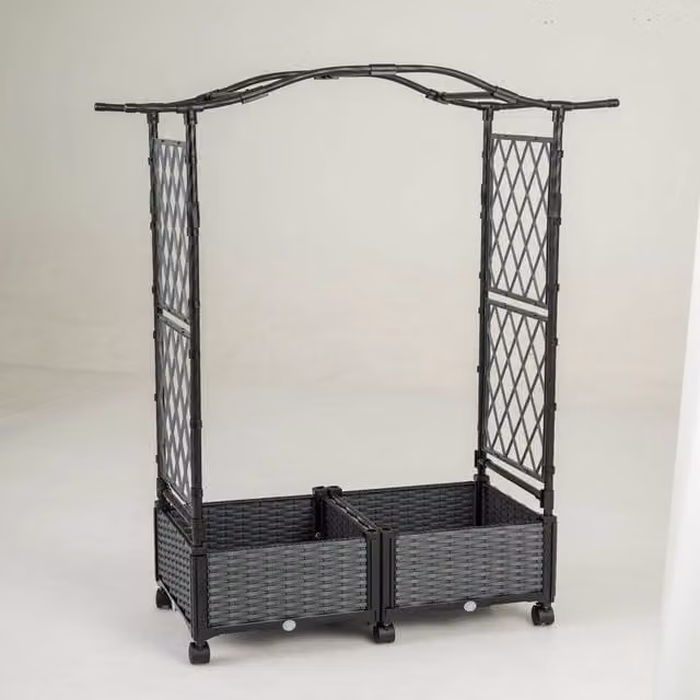 Cassetta per piante con irrigazione automatica Design Mania, letto da giardino rialzato con graticcio e tetto in rattan impermeabile, Grigio, L: 153 cm, P: 147 cm, H: 40 cm