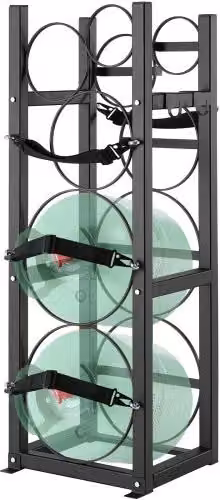 Portabombole Gas VEVOR in Acciaio Nero per 2 bombole da 13,6 kg e 3 piccole, Scaffale per Freon, Ossigeno e Azoto, L/P/H: 32,5 x 33 x 92,8 cm