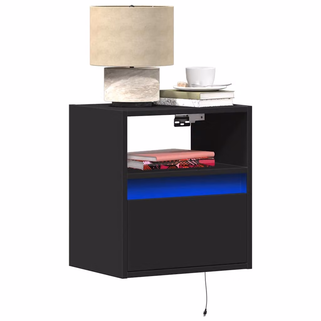 Set di 2 comodini da parete vidaXL con luci LED integrate, colore nero opaco