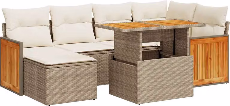 Set Divani da Giardino 7 pz con Cuscini Beige Polyrattan Acacia